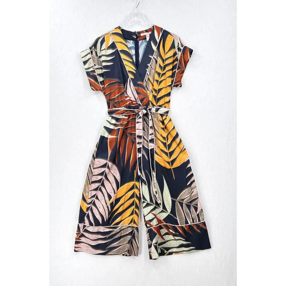 ANTHROPOLOGIE HUTCH Jess Jumpsuit Womens Small Leaf Print Short Sleeve V-neck - Picture 3 of 16